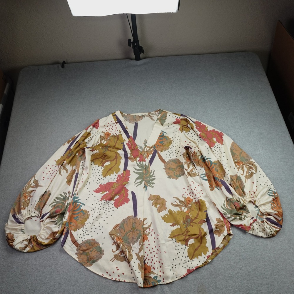 Jodifl Blouse Womens S Cream Multi Boho Top Floral Balloon Sleeve V-Neck